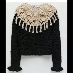 ZARA KNIT CROCHET Black/Ecru Sweater Top Size: S NWT